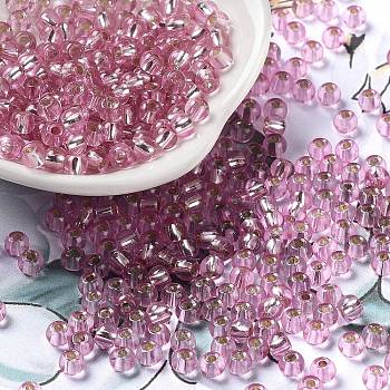 Glass Seed Beads, Silver Lined, Round Hole, Round, Pink, 4x3mm, Hole: 1.2mm, 6429pcs/pound