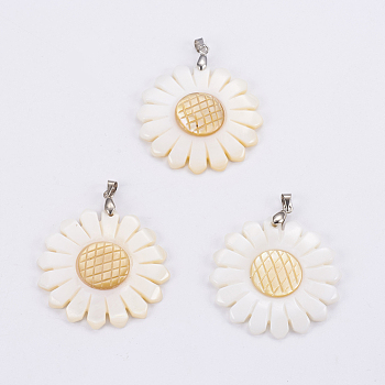 White Shell Pendants, with Platinum Tone Brass Bail & Yellow Shell, Sunflower, 45x38.5~39x4~5mm, Hole: 4x5mm