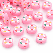 Handmade Polymer Clay Beads, Flat Round with Swim Ring, Pearl Pink, 10x4mm, Hole: 1.6mm(CLAY-N011-004)
