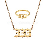 Angel Number Pendant Necklace & Open Cuff Ring, Gold Plated 304 Stainless Steel Lucky Numerology Jewelry Set for Women, Num.3, 18.31 inch(46.5cm), US Size 7 3/4(17.9mm)(JX197A)