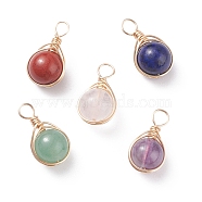 Natural Gemstone Pendants, with Real 18K Gold Plated Copper Wire Wrapped, Round, 17.5x9.5x8.5mm, Hole: 3.3mm(PALLOY-JF01392)