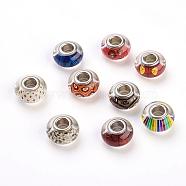 Glue Glass European Beads, Large Hole Beads, with Brass Double Cores, Rondelle, Platinum, Mixed Color, 14~15x8mm, Hole: 5mm(GPDL-F001-M)