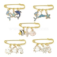 Ocean Theme Alloy Enamel Pendants Brooch Pin, Iron Safety Kilt Pin for Sweater Shawl, Mixed Color, 38.5~43mm, 5 styles, 1pc/style, 5pcs/set(JEWB-BR00112)