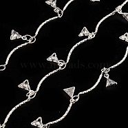 Brass Curved Bar Link Chains, with Clear Cubic Zirconia Triangle Charms, Unwelded, with Spool, Silver, 18x1mm(CHC-M025-44S)