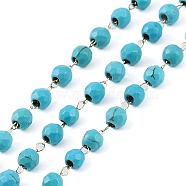 Ion Plating(IP) 304 Stainless Steel & Faceted Glass Handmade Beads Chain, Imitation gemstone, with Spool, Soldered, Golden, Dark Turquoise, 2x1.8x0.2mm(CHS-H028-01G)