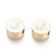 304 Stainless Steel Beads, Flat Round with Letter, Letter.J, 10x4.5mm, Hole: 2mm(STAS-I126-02G-J)