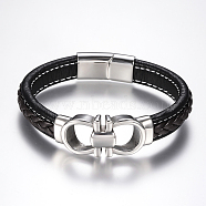 Men's Braided Leather Cord Bracelets, with 304 Stainless Steel Findings and Magnetic Clasps, Black, 8-5/8 inch(220mm)(BJEW-H559-15G)