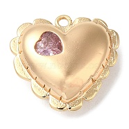 Brass Pendants, with Glass, Nickel Free, Heart Charms, Real 18K Gold Plated, Pink, 15.5x16.5x6.5mm, Hole: 1.2mm(KK-C028-25G-02)