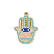 304 Stainless Steel Enamel Pendants, Real 18K Gold Plated, Ion Plating(IP), Hamsa Hand with Eye Charm, 20x15x1.5mm, Hole: 1.5mm(STAS-I325-104D-G)