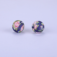 Printed Round with Flower Pattern Silicone Focal Beads, Pink, 15x15mm, Hole: 2mm(SI-JX0056A-161)