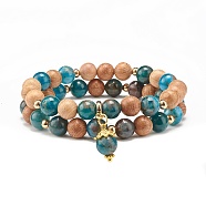 Natural Apatite & Wood Round Beads Stretch Bracelets Set, Yoga Prayer Jewelry for Her, Golden, Inner Diameter: 2-1/8 inch(5.5cm), 2pcs/set(BJEW-JB07165-01)
