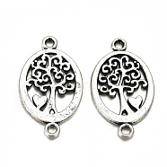 Tibetan Style Alloy Links connectors, Matte Style, Oval with Tree of Life, Cadmium Free & Nickel Free & Lead Free, Thai Sterling Silver Plated, 23x13.5x1.5mm, Hole: 1.5mm(PALLOY-Q357-53MAS-NR)