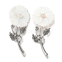 Freshwater Shell Flower Alloy Brooch, with Freshwater Pearls, Antique Silver, White, 75.5x32.5x7.5mm(JEWB-Z019-01F)