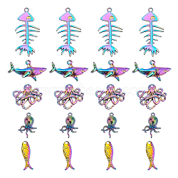 Elite 20Pcs 5 Style Rainbow Color Alloy Pendants, Fishbone & Fish & Shark & Octopus, 4pcs/style(PALLOY-PH0002-04)