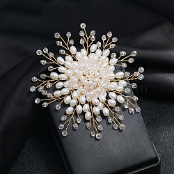 Handmade Plastic Imitation Pearl Alloy Flower Brooch, with Rhinestone, Light Gold, 90x90mm(PW-WG92375-04)