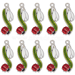 20Pcs Alloy Enamel Pendants, Platinum, Flower with Ladybird, Green, 31x14x2.5mm, Hole: 1.6mm(FIND-SC0007-78)