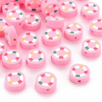 Handmade Polymer Clay Beads, Flat Round with Swim Ring, Pearl Pink, 10x4mm, Hole: 1.6mm