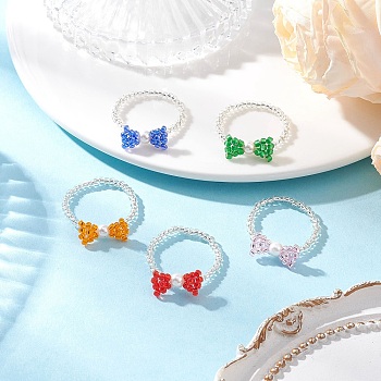 Glass Bead Finger Rings, Bowknot, with Shell Pearl Bead, Mixed Color, Inner Diameter: 19mm