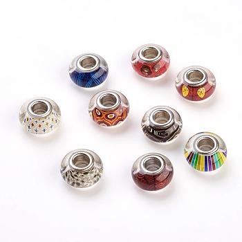 Glue Glass European Beads, Large Hole Beads, with Brass Double Cores, Rondelle, Platinum, Mixed Color, 14~15x8mm, Hole: 5mm