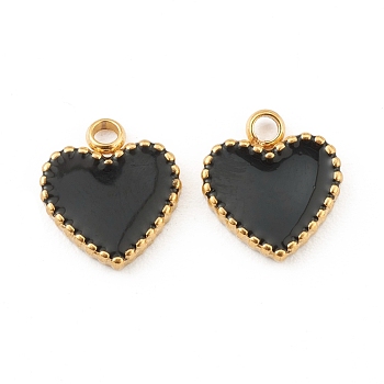 Fashion 304 Stainless Steel Enamel Charms, Heart, Black, Golden, 11x10x2mm, Hole: 1.8mm