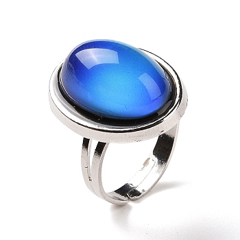 Glass Oval Mood Ring, Temperature Change Color Emotion Feeling Alloy Adjustable Ring for Women, Platinum, Inner Diameter: 17.6~19.3mm