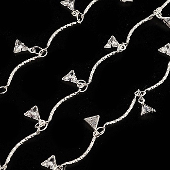 Brass Curved Bar Link Chains, with Clear Cubic Zirconia Triangle Charms, Unwelded, with Spool, Silver, 18x1mm