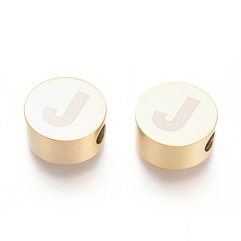 304 Stainless Steel Beads, Flat Round with Letter, Letter.J, 10x4.5mm, Hole: 2mm