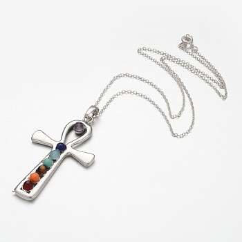 Platinum Plated Vintage Chakra Jewelry Brass Gemstone Cross Pendant Necklaces, with Cable Chains, Colorful, 18 inch