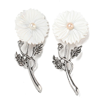 Freshwater Shell Flower Alloy Brooch, with Freshwater Pearls, Antique Silver, White, 75.5x32.5x7.5mm