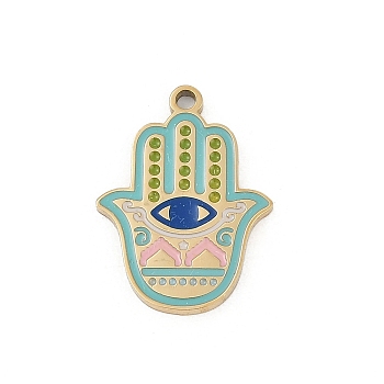 304 Stainless Steel Enamel Pendants, Real 18K Gold Plated, Ion Plating(IP), Hamsa Hand with Eye Charm, 20x15x1.5mm, Hole: 1.5mm