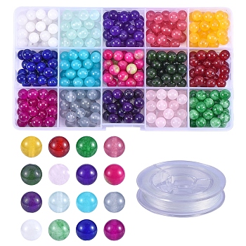 375Pcs 15 Colors Round Natural White Jade Beads and Elastic Thread, for DIY Bracelets Making Kits, Mixed Color, 8mm, Hole: 1mm, 375pcs/set