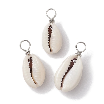 Natural Cowrie Shell Pendants, Shell Shape Charms with Copper Wire Loops, Platinum, 21.5~25.5x9.5~11.5x7~9.5mm, Hole: 4mm