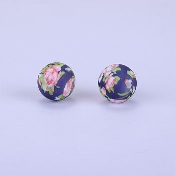 Printed Round with Flower Pattern Silicone Focal Beads, Pink, 15x15mm, Hole: 2mm