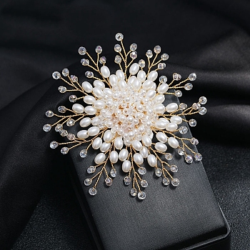 Handmade Plastic Imitation Pearl Alloy Flower Brooch, with Rhinestone, Light Gold, 90x90mm