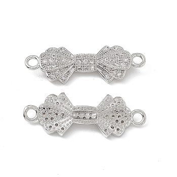 Brass Micro Pave Clear Cubic Zirconia Connector Charms, Bowknot Links, Platinum, 26x9x3.5mm, Hole: 1.8mm