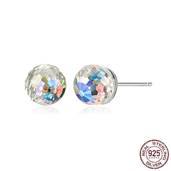 Rhodium Plated 925 Sterling Silver Rhinestone Ball Stud Earrings, Faceted Round, Platinum, Crystal AB, 5.5mm