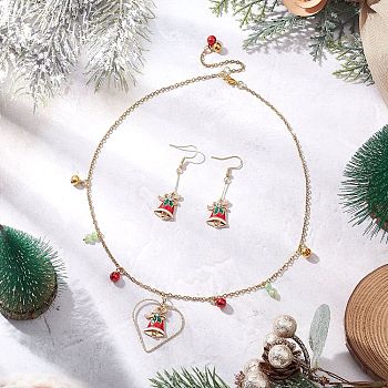 Christmas Bell Alloy Enamel Pendant Necklace & Dangle Earrings Sets, Stainless Steel Jewelry Sets, Golden, 17.80 inch(452mm)