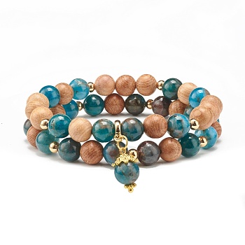 Natural Apatite & Wood Round Beads Stretch Bracelets Set, Yoga Prayer Jewelry for Her, Golden, Inner Diameter: 2-1/8 inch(5.5cm), 2pcs/set