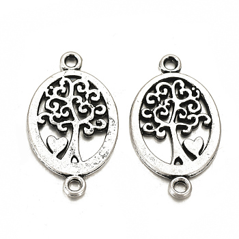 Tibetan Style Alloy Links connectors, Matte Style, Oval with Tree of Life, Cadmium Free & Nickel Free & Lead Free, Thai Sterling Silver Plated, 23x13.5x1.5mm, Hole: 1.5mm