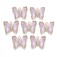 Glass Pendants, with Micro Pave Cubic Zirconia and Brass Open Back Settings, Faceted, Butterfly, Light Gold, Pink, 15.5x20x4mm, Hole: 1.8mm(X-GLAA-T021-24G)