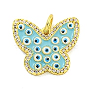 Brass Micro Pave Clear Cubic Zirconia Pendants, with Enamel, Real 18K Gold Plated, Butterfly, Sky Blue, 17x19x2.5mm, Hole: 4mm(KK-R159-15G-02)