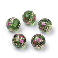 Printed Glass Beads, Round with Flower Pattern, Green, 11~12x11mm, Hole: 1.5mm(X-GFB-Q001-12mm-E05)
