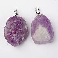 Natural Amethyst Pendants, Nuggets, with Brass Findings, Platinum, 26~42x20~26x14~22mm, Hole: 5x8mm(G-G884-A04)