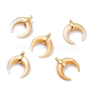 Natural Yellow Shell Pendants, with Golden Plated Brass Findings, Double Horn/Crescent Moon, 17~18x15x5mm, Hole: 1.5mm(SSHEL-L018-004)