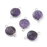 Natural Amethyst Links connectors, with Platinum Tone Brass Cabochon Connector Settings, Flat Round with Tree, 23~24x15~16x5~6mm, Hole: 2.5mm(G-G807-F01)