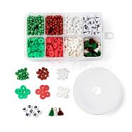 3 Colors 1155Pcs DIY Christmas Theme Stretch Bracelets Making Kits, Including Round Glass Seed Beads, Polymer Clay Heishi Beads, Polycotton Tassel, Acrylic Letter Beads and 8m Elastic Crystal Thread, Mixed Color, 4mm, Hole: 1.5mm(DIY-LS0001-22B)