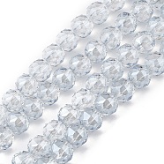 Transparent Electroplate Glass Beads Strands, Faceted, Round, Pearl Luster Plated, Light Steel Blue, 9~10x9~9.5mm, Hole: 1.4mm, about 54~60pcs/strand, 18.90~21.65 inch(48~55cm)(EGLA-F154-PL01)