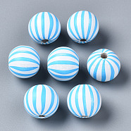Painted Natural Wood European Beads, Large Hole Beads, Printed, Round with Stripe, Light Sky Blue, 16x15mm, Hole: 4mm(WOOD-S057-043A)
