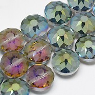 Electroplate Glass Beads Strands, Frosted, Rainbow Plated, Faceted, Flat Round, Medium Sea Green, 12x8~9mm, Hole: 1mm, about 50pcs/strand, 23.62 inch(EGLA-Q084-12mm-02)