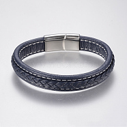Braided Leather Cord Bracelets, with 304 Stainless Steel Magnetic Clasps, Marine Blue, 8-5/8 inch(220mm), 29x14x8mm(BJEW-H561-07E)